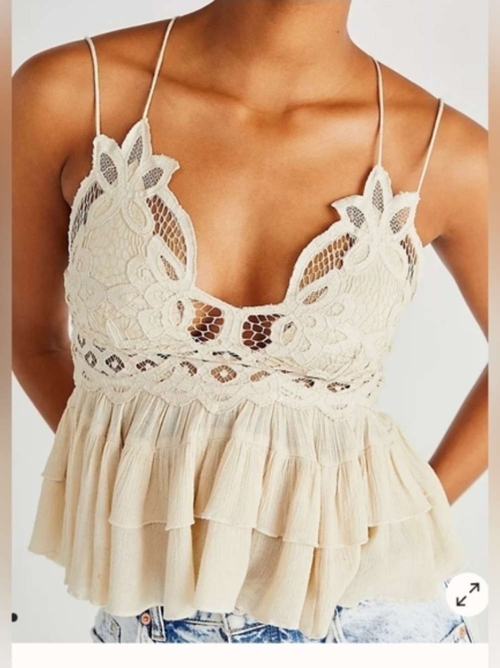 FREE PEOPLE ○ Lace-Trim Tiered Ruffle Camisole Top - Cream